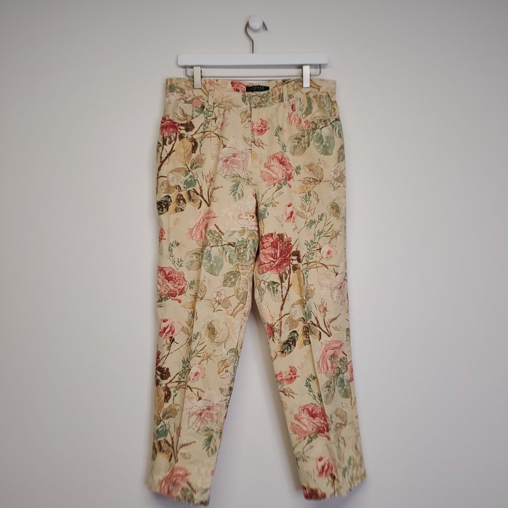 90s Lauren Ralph Lauren Floral Linen Pants Hi-Rise - Picture 3 of 6
